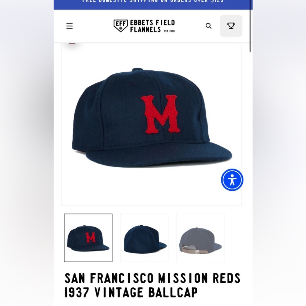 San Francisco Mission Reds 1937 Vintage Baseball Cap Ebbets Field Flannels